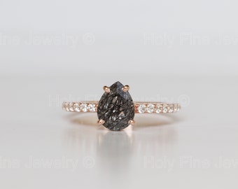Natural Pear Shaped Black rutilated quartz ring Alternative engagement ring Unique gemstone Tourmalinated Quartz Black Rutile Solitairering