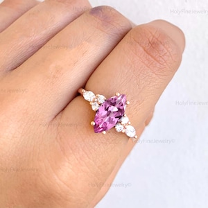 Marquise Pink Sapphire Engagement Ring, Vintage Sapphire Wedding Ring, Simple Dainty Promise Ring For Women, 14k Cluster Anniversary Gift