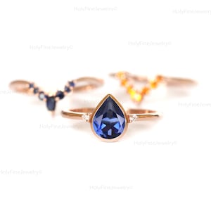 Vintage 3 PCS Blue Sapphire Engagement Ring set, Teardrop Sapphire Wedding Ring set, Natural Blue Sapphire matching band Unique Gift For Her