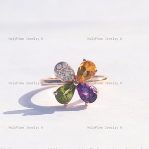 Handcrafted Multi-Gemstone Ring, Multi Color Engagement Ring, 4 Birthstones Ring, Peridot Ring, Amethyst Ring, Citrine Ring, Gift For Her