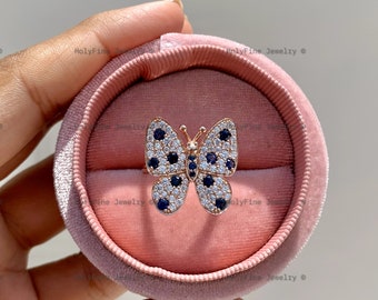 Anillo de bodas con diseño de mariposa de zafiro azul natural, anillo de compromiso de mariposa, anillo de compromiso único para mujer, piedra de nacimiento de septiembre, boda