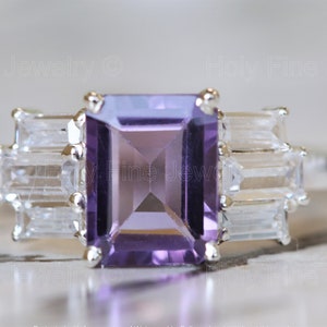 Natural Emerald cut Lavender Amethyst and Moissanite engagement ring Promise, Gemstone Ring, Anniversary, Birthday Gift For Her, Girlfriend