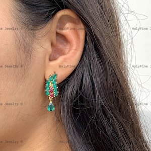 Natural Ruby & Emerald Earrings, Statement Earrings, Large Earrings, Emerald Dangle Earrings, Cluster Earring, Birthstone Jewelry