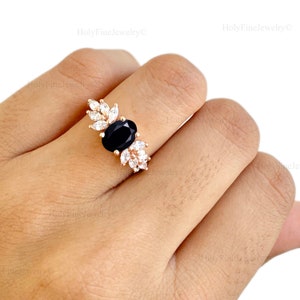 Natural Vintage Black Onyx Engagement Ring, Oval Cut 14K Rose Gold Black Onyx Engagement Ring, Bridal Promise Ring, Anniversary Gift For Her