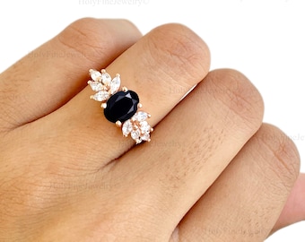 Natural Vintage Black Onyx Engagement Ring, Oval Cut 14K Rose Gold Black Onyx Engagement Ring, Bridal Promise Ring, Anniversary Gift For Her
