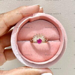 14k Rose Gold Round Ruby Engagement Ring, Natural Vintage Red Ruby Ring, Sun Style Promise Ring For Women, July Birthstone, Anniversary Gift