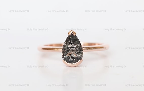 Natural Pear Shaped Black Rutilated Quartz Ring Alternative