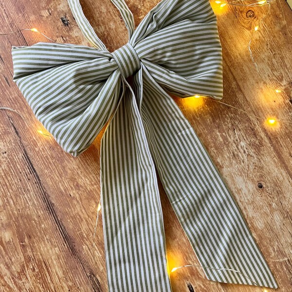 Sage Green Stripe Medium Bow, Cotton Fabric, Padded, Handmade, Christmas Festive Decoration.