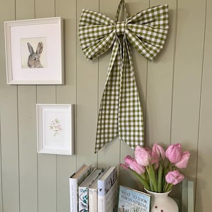 Olive Green Gingham Large Bow, Cotton Fabric, Padded, Handmade to order.