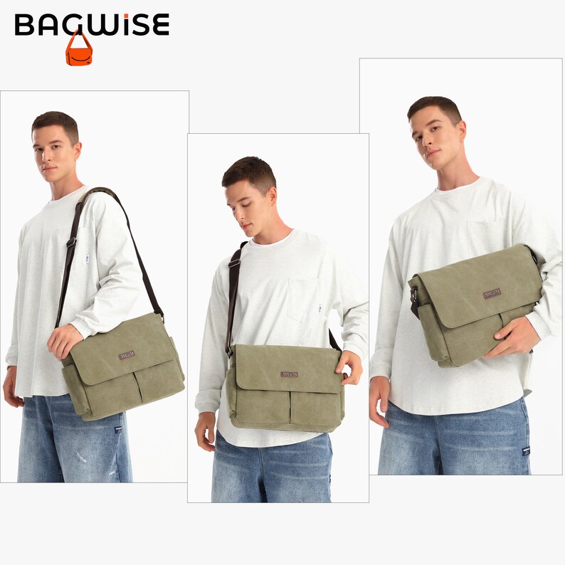 Bagwise® Schoudertas Messenger Bag Canvas Vintage 1305 Groen afbeelding 2