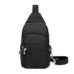 May include: A black nylon crossbody bag with multiple zippered compartments and a small circular logo on the front.