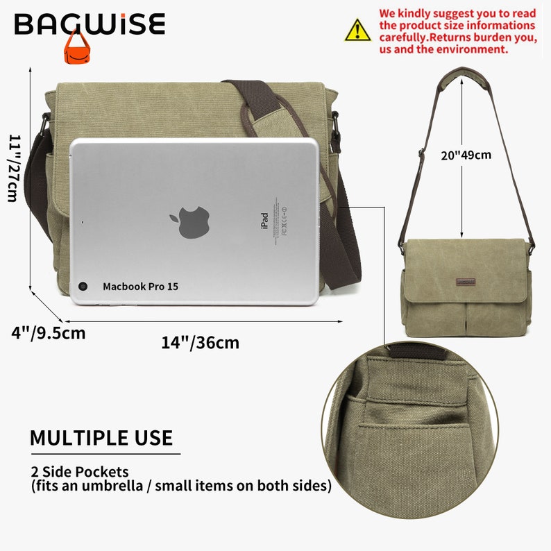 Bagwise® Borsa a tracolla Borsa a tracolla Tela Vintage 1305 Verde immagine 3