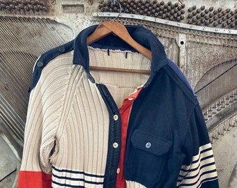 Upcycled Patchwork Sweater Jacket, Nautical Stripe Cable Knit, Men's L