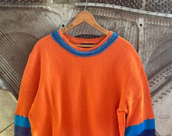Orange Wool Sweater, Patchwork, Streetwear, Upcycled, Sustainable, Zig Zag Design, Warm Winter Sweater, Unisex
