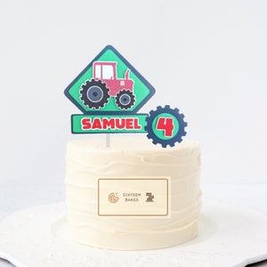 Personalised tractor cake topper set, name and age, birthday cake, farming, construction, red and green