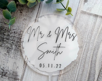 Personalised wedding acrylic painted cake topper | Mr and Mrs personalised painted cake topper paddle | round wedding cake topper