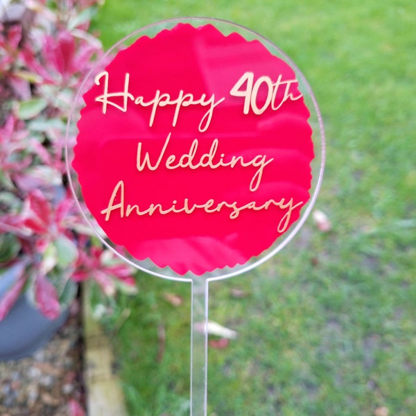 Personalised acrylic paint splash anniversary cake topper | painted cake topper paddle | round perspex wedding anniversary cake topper