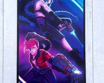 May include: A digital illustration of two women in a futuristic setting. One woman has blue hair and is wearing a black outfit with a gun. The other woman has pink hair and is wearing a red jacket and a robotic arm. The background is a dark blue and purple gradient with neon lights.