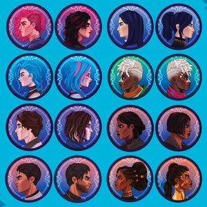 May include: A set of 16 colorful round profile pictures featuring different characters with various hairstyles and clothing. The characters are all facing to the right and have a blue, purple, or pink background.