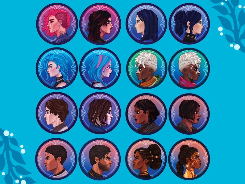 May include: A set of 16 colorful round profile pictures featuring different characters with various hairstyles and clothing. The characters are all facing to the right and have a blue, purple, or pink background.