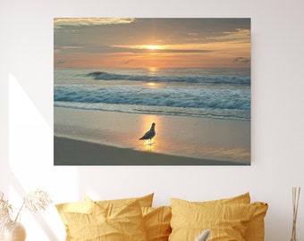 Seagulls in Sunrise Spotlight Canvas, Beach Home Decor, Seagull Photo, Coastal Art Print, Ocean Sunrise Wall Hanging, Gift for Mom