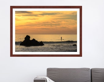 Lone Paddleboarder at Sunset Fine Art Photo, Coastal Home Decor, Ocean Sunset Wall Hanging, Paddle Board Scene, Matted Frame, Gift for Mom