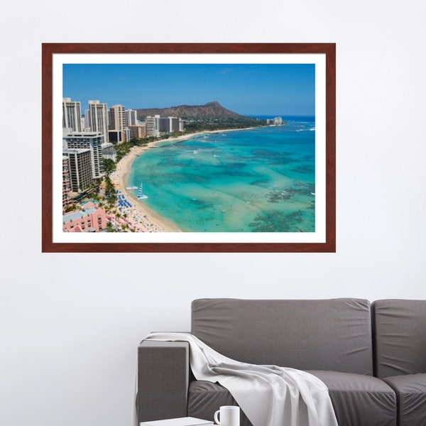 Waikiki Beach Fine Art Photo, Hawaiian Themed Home Decor,  Tropical Beach Art Print, Oahu Wall Hanging, Matted Frame, Gift for Mom
