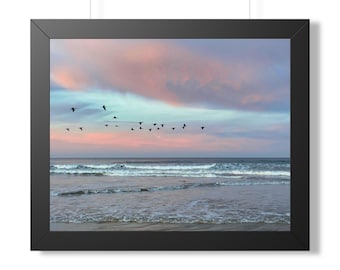 Morro Bay Morning Flight Framed Poster - Coastal Bathroom Art, Ocean Sunrise Birds in Flight