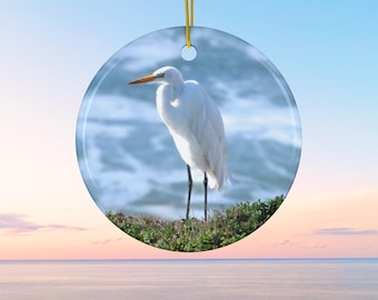 White Egret Ceramic Ornament - Coastal Wildlife Holiday Decor