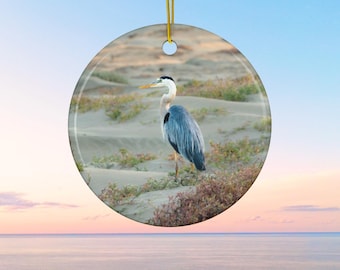 Blue Heron Ceramic Ornament - Coastal Wildlife Holiday Decor