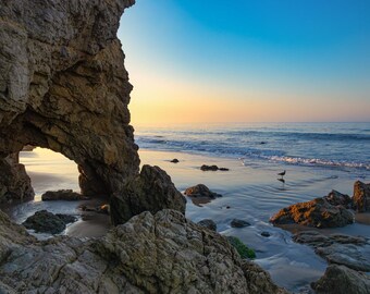 El Matador Sea Cave Sunrise Canvas Print | Malibu Beach Wall Art, Coastal Tide Pool Seascape, Modern Beach House Decor