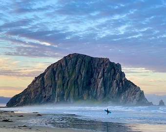 Morro Bay Sunrise Canvas Print: Surfer at Morro Rock