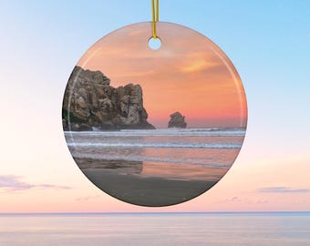 Ocean Rock Sunrise Sky Ceramic Ornament - Coastal Christmas Decor