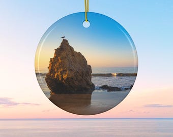 Malibu Seagull at Sunrise Ceramic Ornament - Coastal Christmas Decor