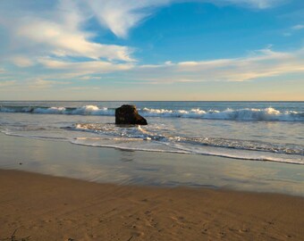 California Coast Beach Rock Canvas Print - Blue Ocean Waves Wall Art, Seascape Photography, Minimalist Shoreline Decor