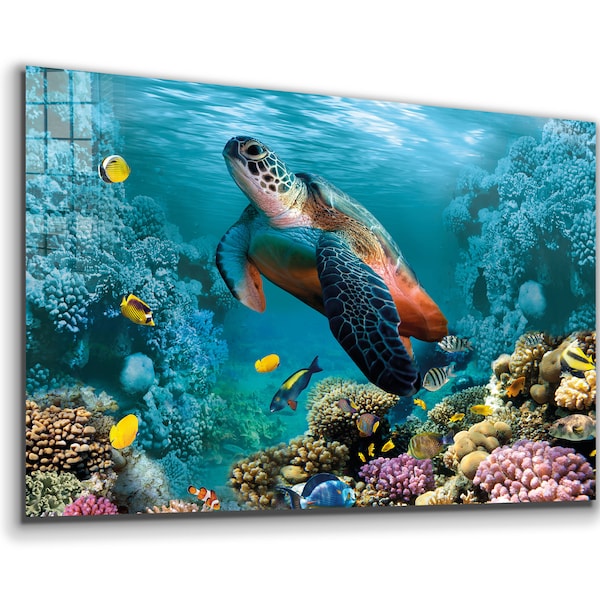 Impression d'art mural sur toile ou verre trempé tortue de mer, décoration murale naturelle et vive, art mural moderne, art mural extra large