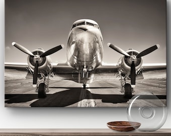 Airplane Tempered Glass Wall Art, Extra Large Wall Decor, Modern Propeller Prints, Aviation Art Poster, Pilot Gifts for Him, Black and White