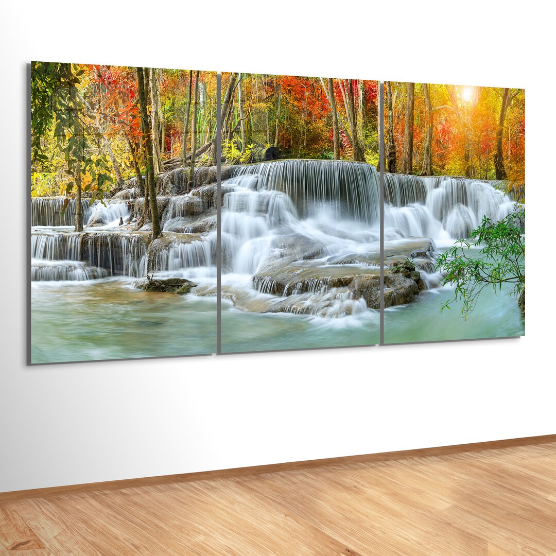 Waterfall Glass Wall Art, Extra Large Panoramic Wall Decor, Set of 3