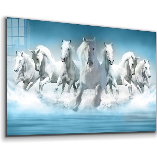 7 Running White Horses Tempered Glass or Canvas Printing Wall Art , Natural And Vivid Wall Decor , Modern Wall Art, Extra Large Wall Art