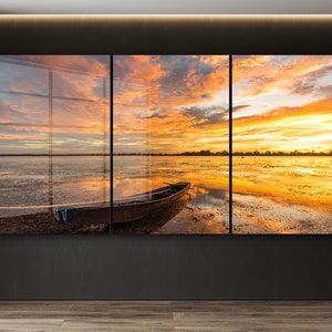 Arte mural de vidrio templado o impresión extragrande &quot;Atardecer en la playa&quot;, decoración de pared natural y vívida, arte mural moderno, arte mural extragrande.