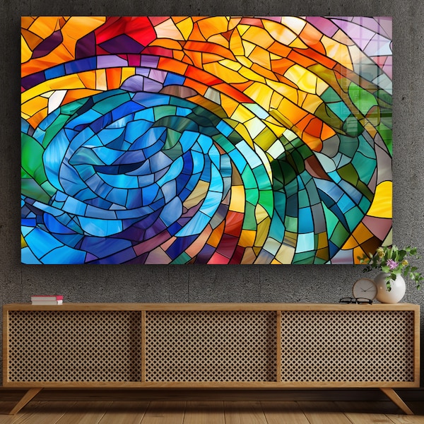 Tempered Glass Wall Art, Stained Glass Panel, Abstract Rainbow Colors, Extra Large Wall Art Print, Housewarming New Home Gift