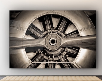 Airplane Tempered Glass Wall Art, Extra Large Wall Decor, Modern Propeller Prints, Aviation Art Poster, Pilot Gifts for Him, Black and White