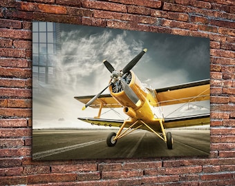 BiPlane Tempered Glass or Canvas Printing Wall Art , Natural And Vivid Wall Decor , Modern Wall Art, Extra Large Wall Art