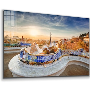 Park Guell at Sunrise, Barcelona, Spain Tempered Glass or Canvas Printing Wall Art ,Vivid Wall Decor , Modern Wall Art, Extra Large Wall Art