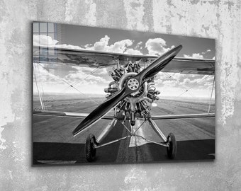 Vintage Plane Black & White Tempered Glass or Canvas Wall Art ,  Extra Large Wall Art