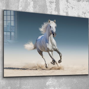 Tempered Glass Wall Art / Canvas Wall Art / White Horse Running  Wall Decor /  Horses Glass Printing  / Large Wall Art / Horse Window Decor