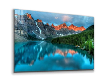 Banff National Park , Canada Moraine Lake at Dawn Tempered Glass or Canvas Printing Wall Art , Vivid Wall Decor , Extra Large Wall Art
