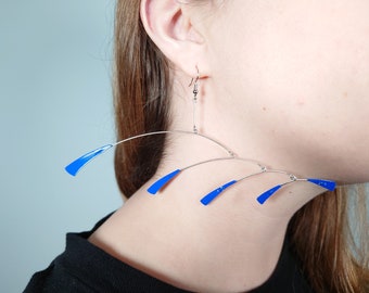 Modern Cobalt Blue Wave Mobile Earrings in Stainless Steel and Aluminum