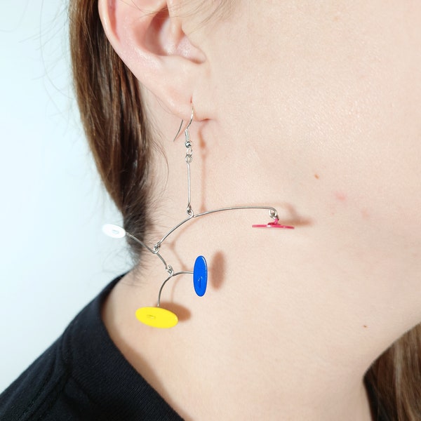 Primary Color Oval Mobile Earrings Abstract Shape Kinetic Sculpture Handmade Miniature Jewelry for Women with Movement