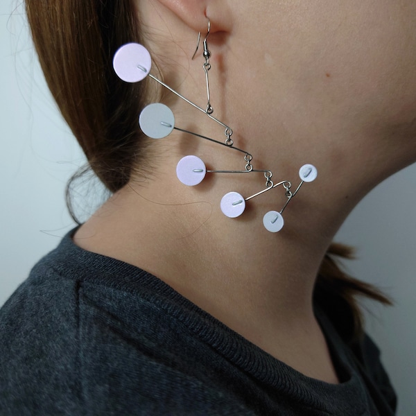 Iridescent  White Pink Aluminum and Stainless Steel Kinetic Disc Mobile Earrings